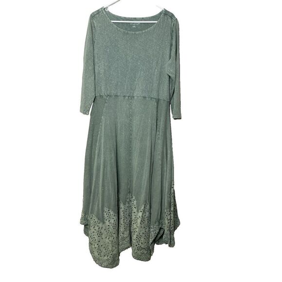 Soft Surroundings Dress L Eyelet Lace Asymmetric Hem Lagenlook Bohemian Green - Picture 1 of 10